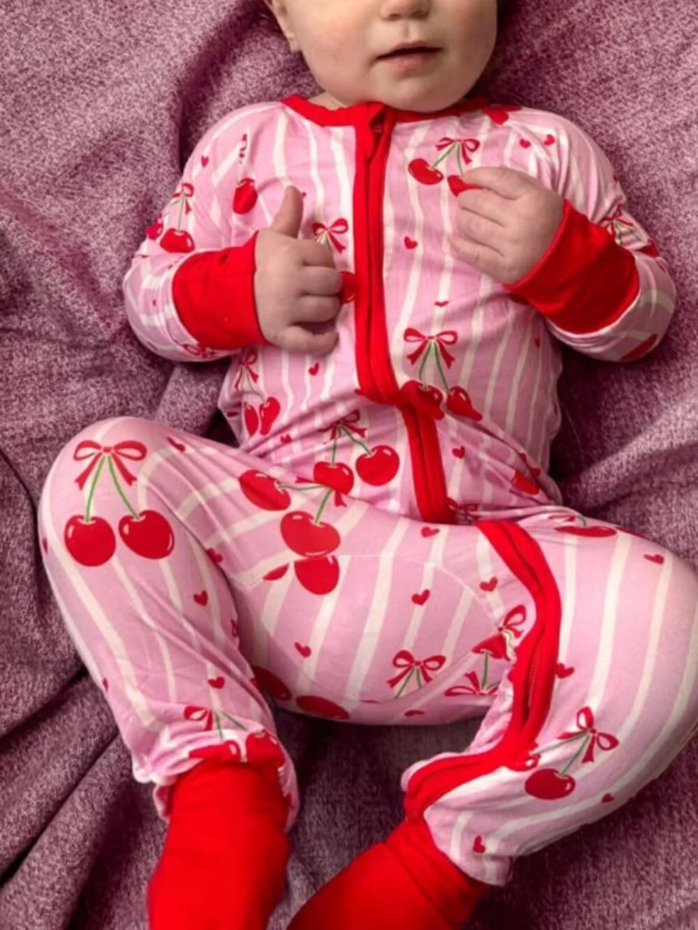 Cherry Hearts Bamboo Footie Pajamas | Cherry Print Zippy Sleeper 6-12M | NWT